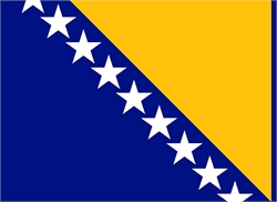 [ai] The national flag of Bosnia and Herzegovina, featuring a blue background, a diagonal yellow triangle, and a row of white stars along the hypotenuse of the triangle.